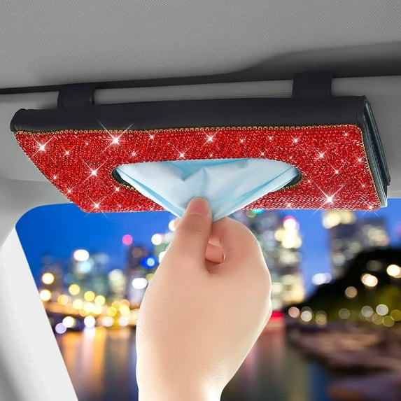OTOSTAR Bling Bling Mask Holder for Car, Crystal Car Visor Tissue Box, Pure Handmade Diamond Auto Napkin Box Holder PU Leather Backseat Paper Towel Box with 1 Tissue Refill (Red)