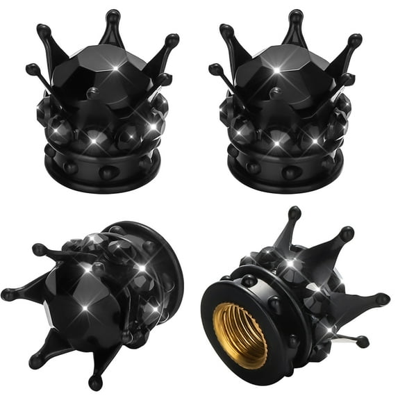 OTOSTAR Bling Tire Valve Stem Caps, 4 Pack Pure Handmade Rhinestones Universal Crown Car Wheel Tire Valve for Car, Bicycle, Motorcycle, Attractive Dustproof Bling Car Accessories (Black/Black)