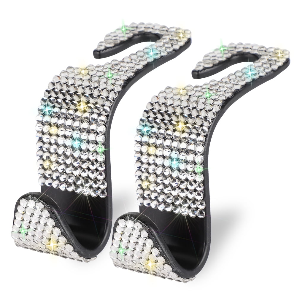 OTOSTAR 2 Pack Bling Car Headrest Hooks - Handmade Crystal Diamond Hangers, Universal Car Seat Hooks For Purse, Bag, Organizer (Violet)
