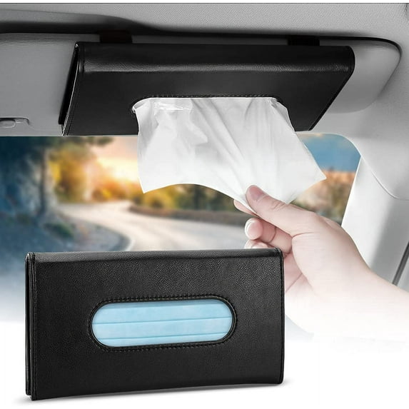 OTOSTAR Car Sun Visor Mask Holder Case Tissue Box Holder, Black PU Leather Auto Napkin Box Holder Backseat Paper Towel Box with 1 Tissue Refill