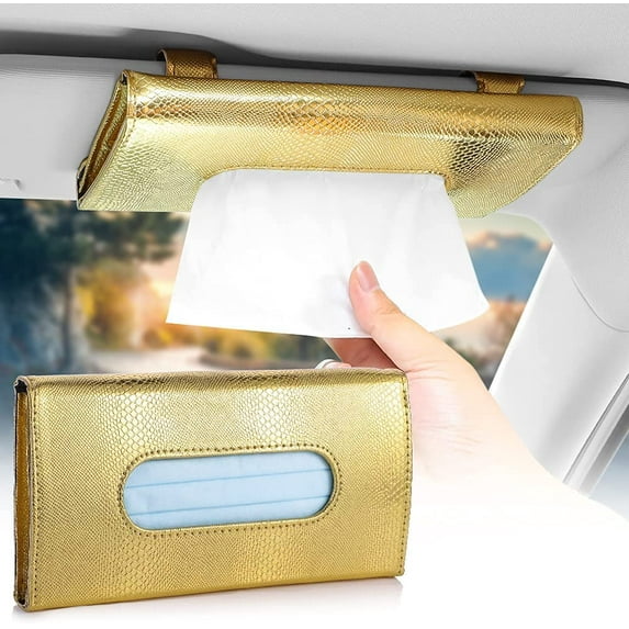 OTOSTAR Tissue Holder Box Mask Holder for Car, PU Leather Car Visor Tissue Holder Napkin Holder, Backseat Tissue Case Holder for Car, Vehicle (Golden)