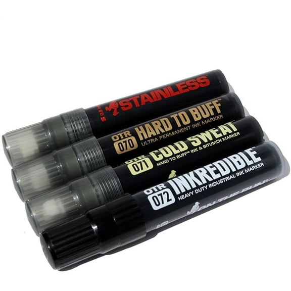 OTR. Hard to Buff Ultra Permanent Jumbo Calligraphy Ink Marker Set of Four .069 Stainless, .070 Hard To Buff, .071 Cold Sweat, and .072 Inkredible