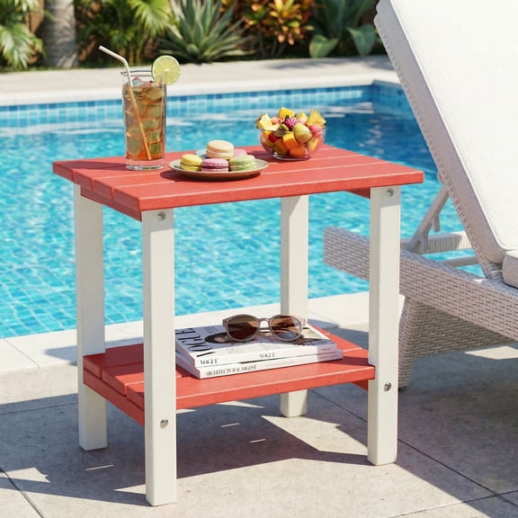 OTSUN Adirondack Outdoor Side Table, 16" HDPE Patio Side Table with Shelf, Weather Resistant Easy Maintenance for Backyard Pool Porch Garden & Lawn