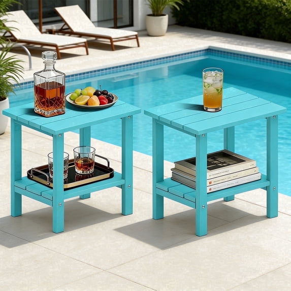 OTSUN Adirondack Outdoor Side Table Set of 2, 16" HDPE Patio Side Table with Shelf, Weather Resistant Easy Maintenance for Backyard Pool Porch Garden & Lawn