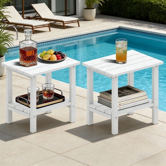 OTSUN Adirondack Outdoor Side Table Set of 2, 16" HDPE Patio Side Table with Shelf, Weather Resistant Easy Maintenance for Backyard Pool Porch Garden & Lawn