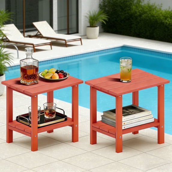 OTSUN Adirondack Outdoor Side Table Set of 2, 16" HDPE Patio Side Table with Shelf, Weather Resistant Easy Maintenance for Backyard Pool Porch Garden & Lawn