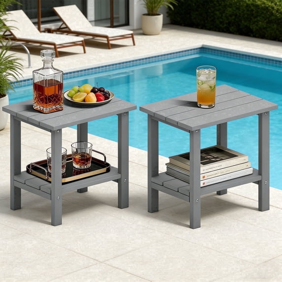 OTSUN Adirondack Outdoor Side Table Set of 2, 16" HDPE Patio Side Table with Shelf, Weather Resistant Easy Maintenance for Backyard Pool Porch Garden & Lawn