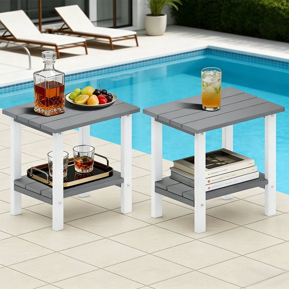 OTSUN Adirondack Outdoor Side Table Set of 2, 16" HDPE Patio Side Table with Shelf, Weather Resistant Easy Maintenance for Backyard Pool Porch Garden & Lawn