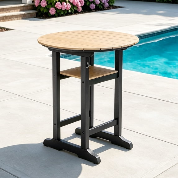 OTSUN Outdoor Adirondack Round Bar Table, 32“ Height Patio Large Pub Table for 4, All Weather Counter Height Double-Decker Table with Built-in Footrest for Outside Deck Porch Balcony Poolside