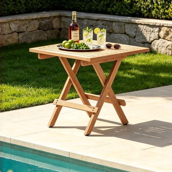OTSUN Square Wooden Folding Outdoor Side Table - 20" Teak Wood Patio Bistro End Table, Collapsible Side Table Sturdy X-Shaped Wood Frame for Outside Camping, Picnic, Poolside, Garden