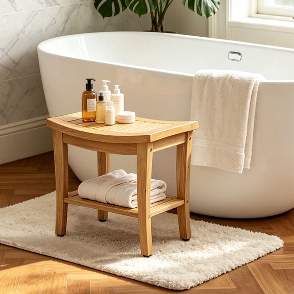 OTSUN Teak Shower Bench Seat - 20" Solid Wood Stool Waterproof Teakwood Shower Bench Chair with Storage Shelf 500 Lbs Capacity for Bathroom, Indoor & Outdoor Use