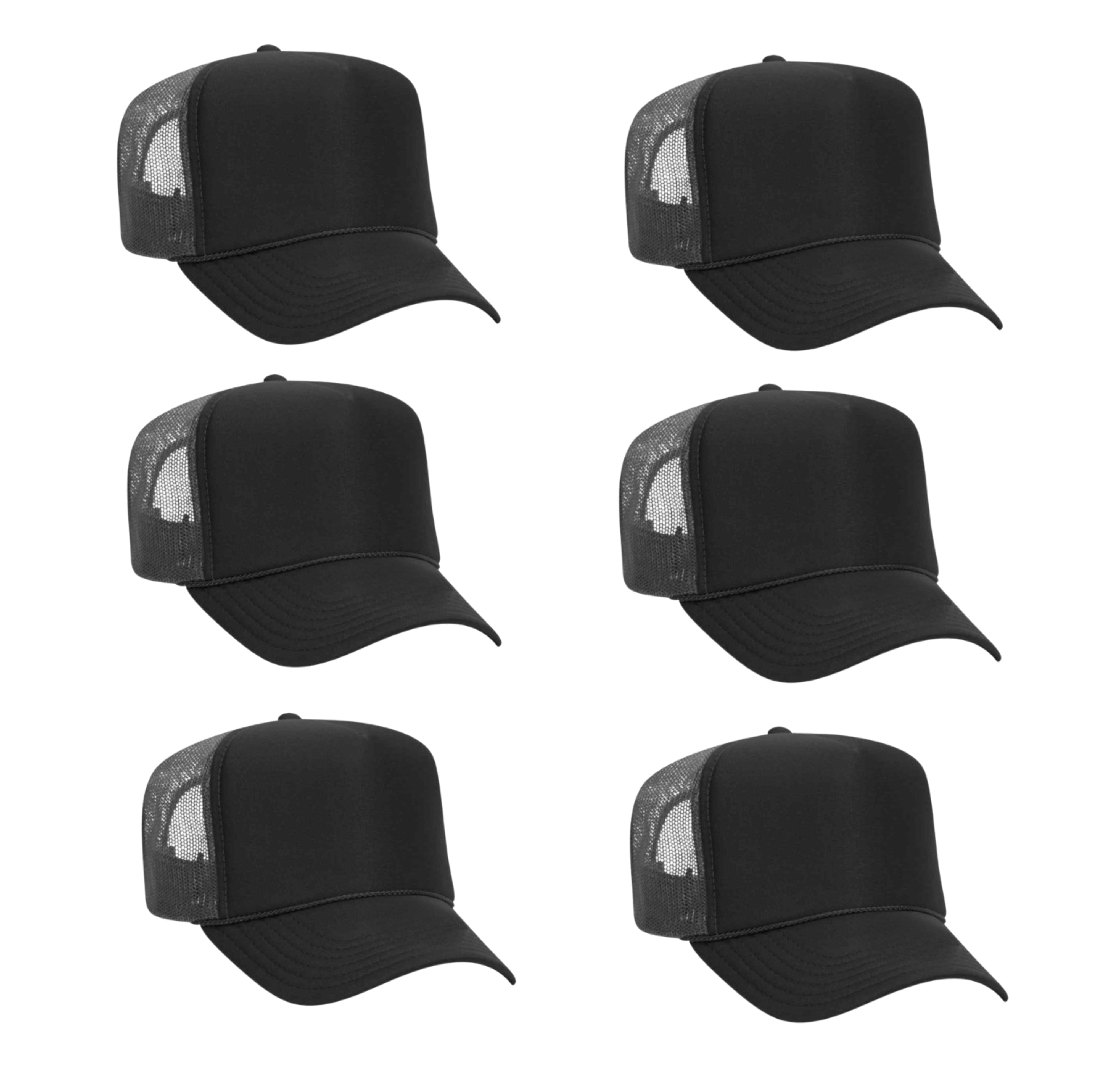 Couver 5 Panel High Crown Back Split Mesh Polyester Foam Trucker Hat, Black Charcoal Grey, 6 Count