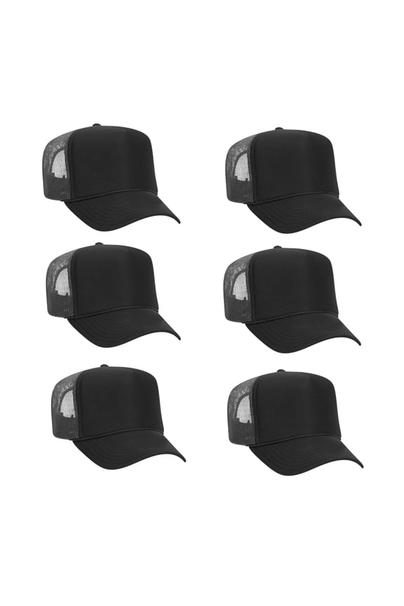5 Panel High Crown Back Split Mesh Polyester Foam Trucker Hat, Black Charcoal Grey, 6 Count