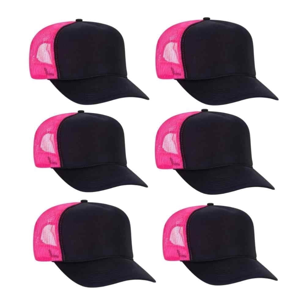 Couver 5 Panel High Crown Back Split Mesh Polyester Foam Trucker Hat, Black Neon Pink, 6 Count