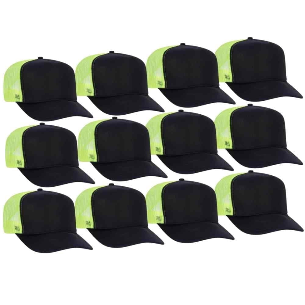Couver 5 Panel High Crown Back Split Mesh Polyester Foam Trucker Hat, Black Neon Yellow, 12 Count