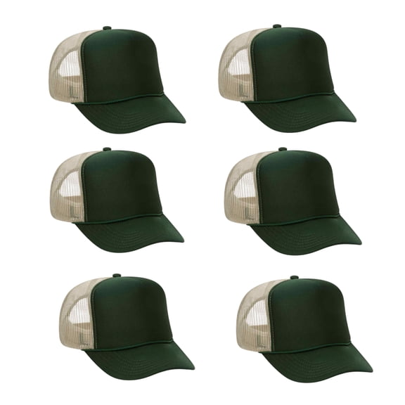 Couver 5 Panel High Crown Back Split Mesh Polyester Foam Trucker Hat, Dark Green Khaki, 6 Count