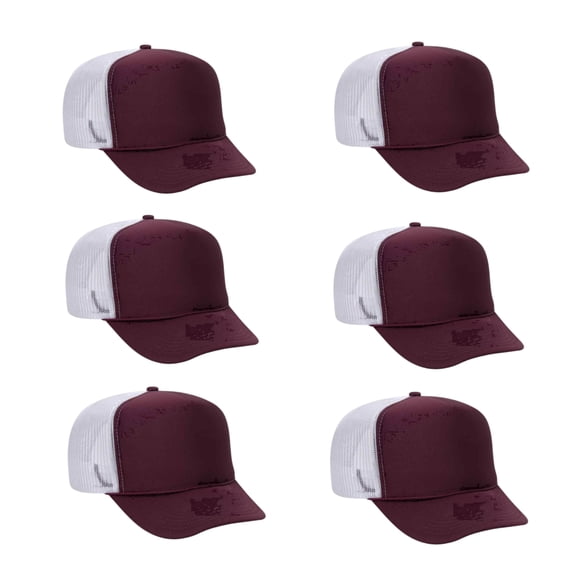 Couver 5 Panel High Crown Back Split Mesh Polyester Foam Trucker Hat, Maroon White, 6 Count