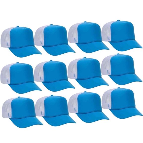 Couver 5 Panel High Crown Back Split Mesh Polyester Foam Trucker Hat, Neon Blue White, 12 Count