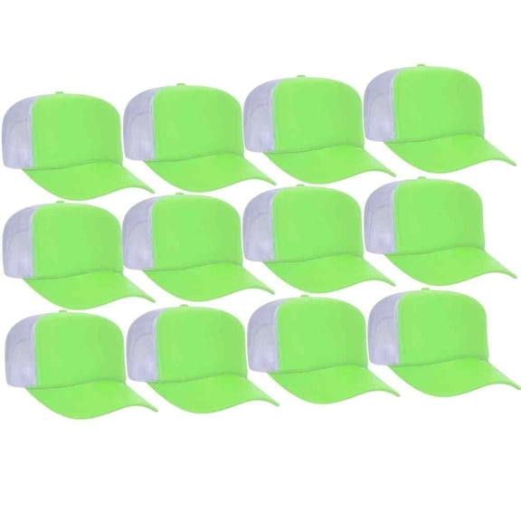 Couver 5 Panel High Crown Back Split Mesh Polyester Foam Trucker Hat, Neon Green White, 12 Count