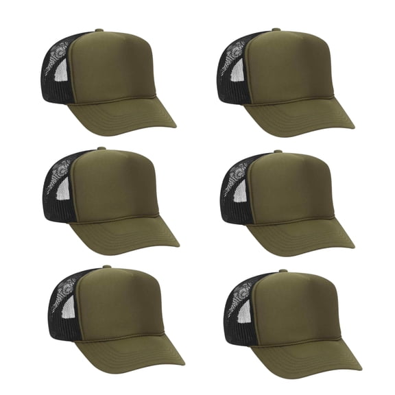 Couver 5 Panel High Crown Back Split Mesh Polyester Foam Trucker Hat, Olive Black, 6 Count