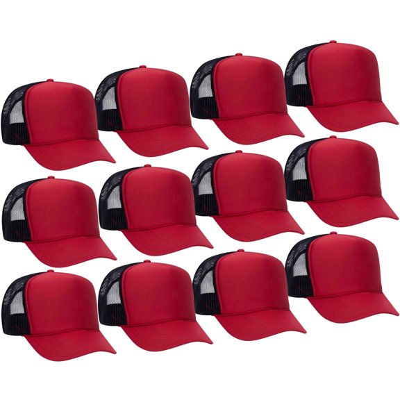 Couver 5 Panel High Crown Back Split Mesh Polyester Foam Trucker Hat, Red Black, 12 Count
