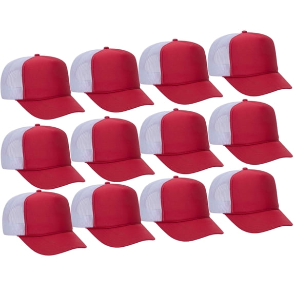 Couver 5 Panel High Crown Back Split Mesh Polyester Foam Trucker Hat, Red White, 12 Count