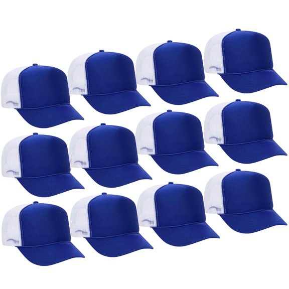 Couver 5 Panel High Crown Back Split Mesh Polyester Foam Trucker Hat, Royal White, 12 Count