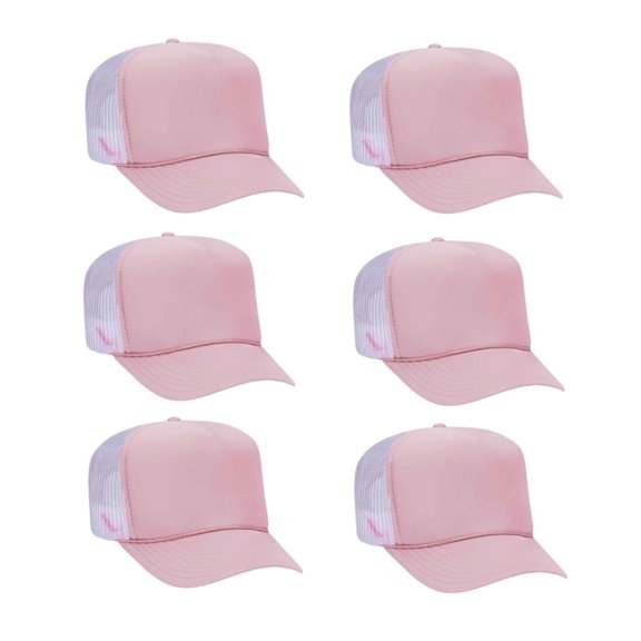 Couver 5 Panel High Crown Back Split Mesh Polyester Foam Trucker Hat, Soft Pink White, 6 Count