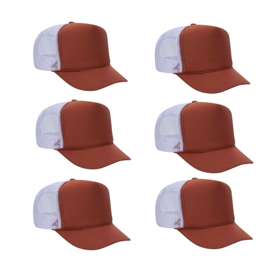 Couver 5 Panel High Crown Back Split Mesh Polyester Foam Trucker Hat, Texas Orange White, 6 Count