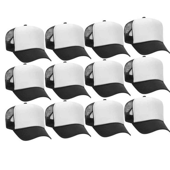 Couver 5 Panel High Crown Front Split Mesh Polyester Foam Trucker Hat, Black White Black, 12 Count