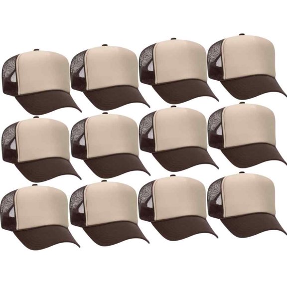 Couver 5 Panel High Crown Front Split Mesh Polyester Foam Trucker Hat, Tan Brown, 12 Count