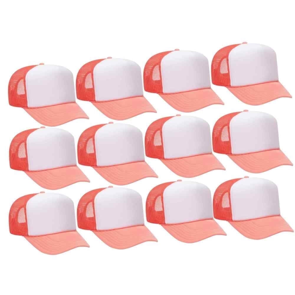 Couver 5 Panel High Crown Front Split Mesh Polyester Foam Trucker Hat, Coral White Coral, 12 Count