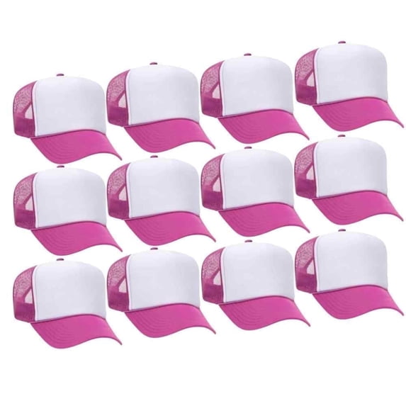 Couver 5 Panel High Crown Front Split Mesh Polyester Foam Trucker Hat, Hot Pink White Hot Pink, 12 Count