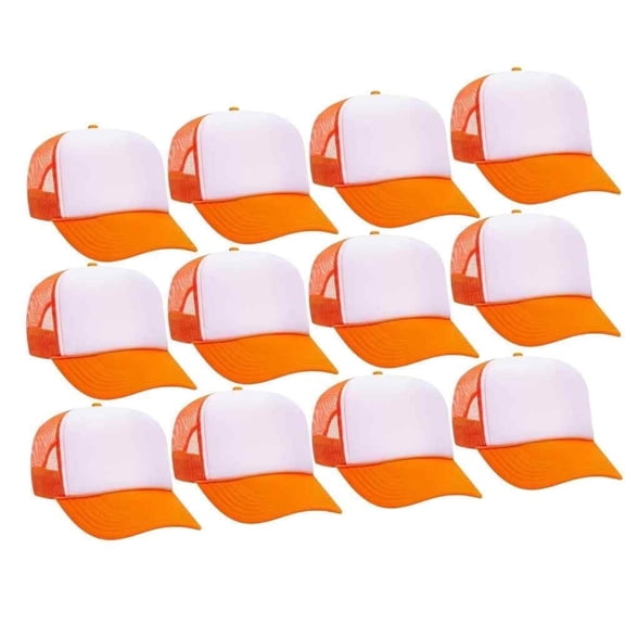 Couver 5 Panel High Crown Front Split Mesh Polyester Foam Trucker Hat, Neon Orange White Neon Orange, 12 Count