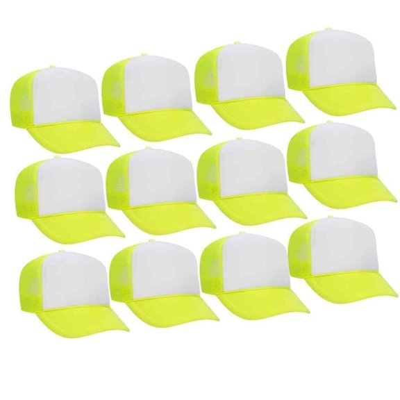 Couver 5 Panel High Crown Front Split Mesh Polyester Foam Trucker Hat, Neon Yellow White Neon Yellow, 12 Count