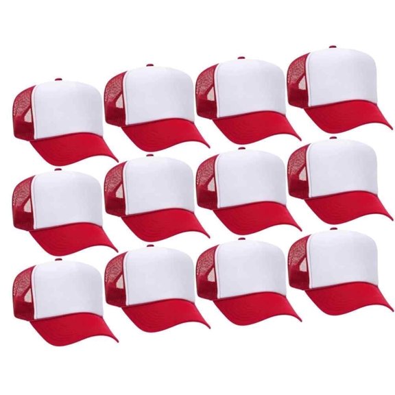 Couver 5 Panel High Crown Front Split Mesh Polyester Foam Trucker Hat, Red White Red, 12 Count