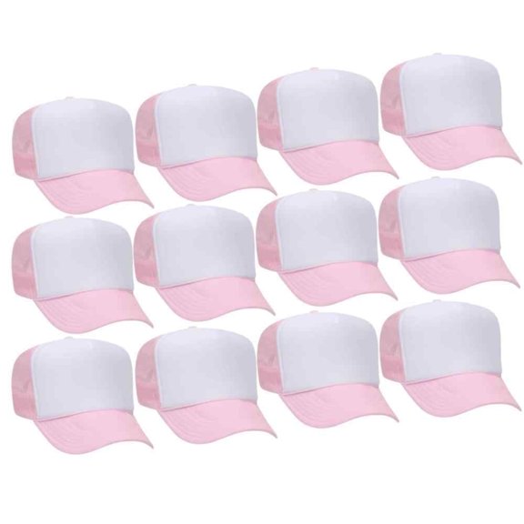 Couver 5 Panel High Crown Front Split Mesh Polyester Foam Trucker Hat, Soft Pink White Soft Pink, 12 Count