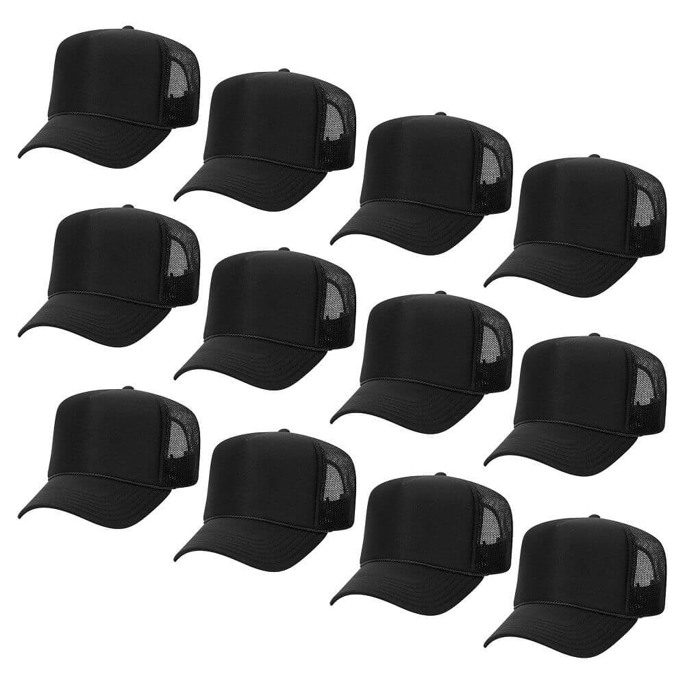 Couver 5 Panel High Crown Mesh Back Trucker Hat, Polyester Foam Front, Black, 12PCS Bulk Set Pack