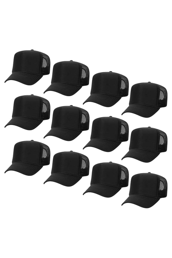 5 Panel High Crown Mesh Back Trucker Hat, Polyester Foam Front, Black, 12PCS Bulk Set Pack