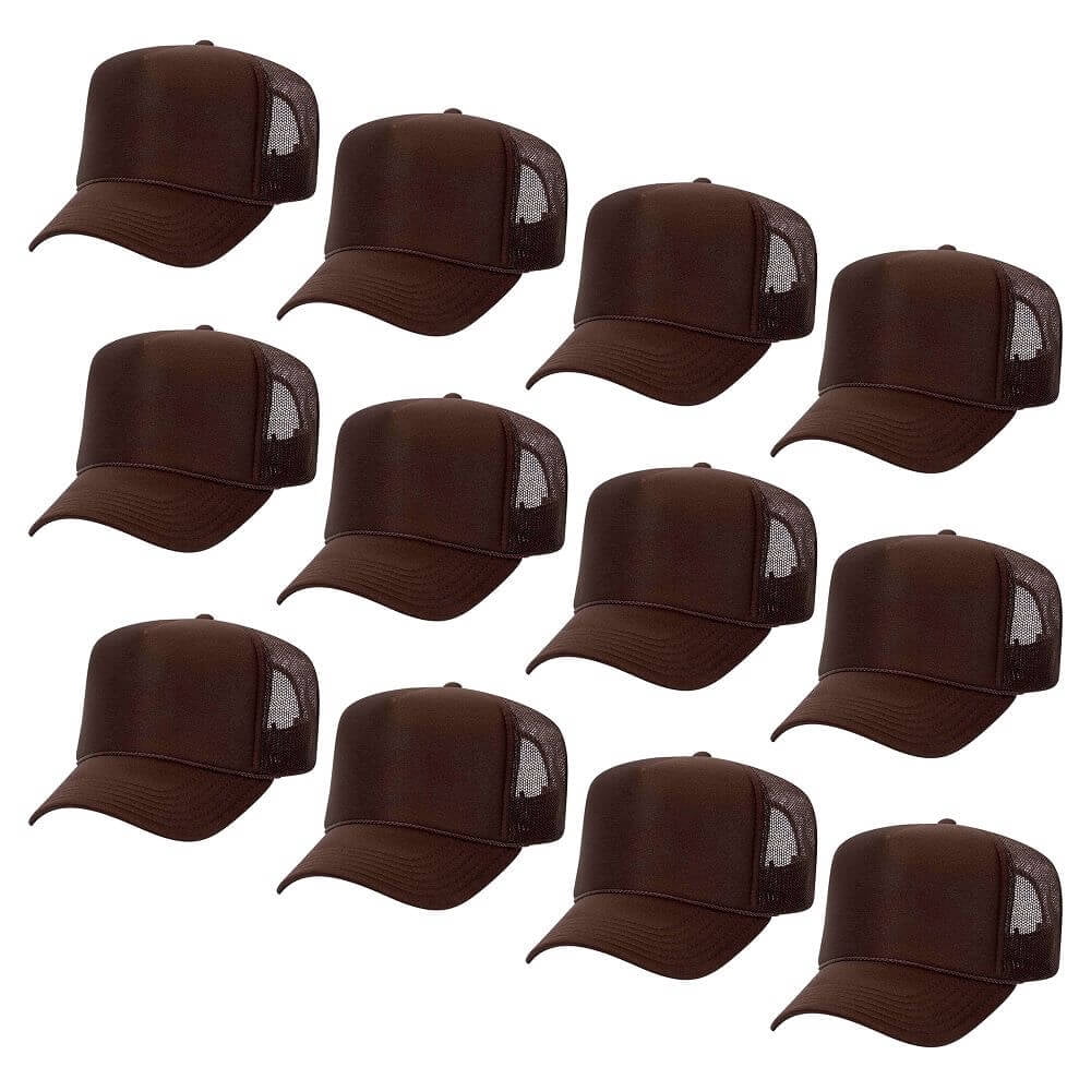 Couver 5 Panel High Crown Mesh Back Trucker Hat, Polyester Foam Front, Brown, 12PCS Bulk Set Pack