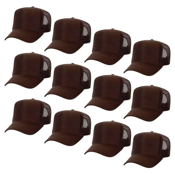 Couver 5 Panel High Crown Mesh Back Trucker Hat, Polyester Foam Front, Brown, 12PCS Bulk Set Pack