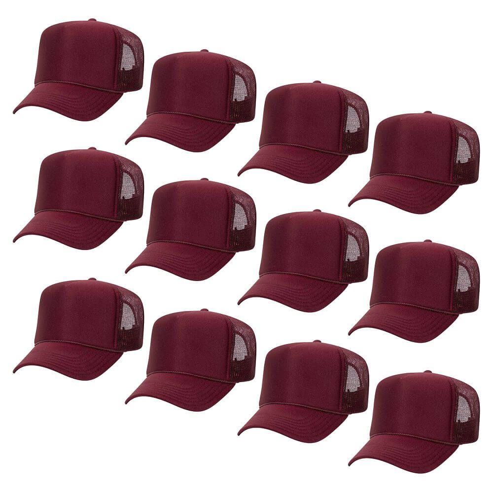 Couver 5 Panel High Crown Mesh Back Trucker Hat, Polyester Foam Front, Burgundy Maroon, 12PCS Bulk Set Pack