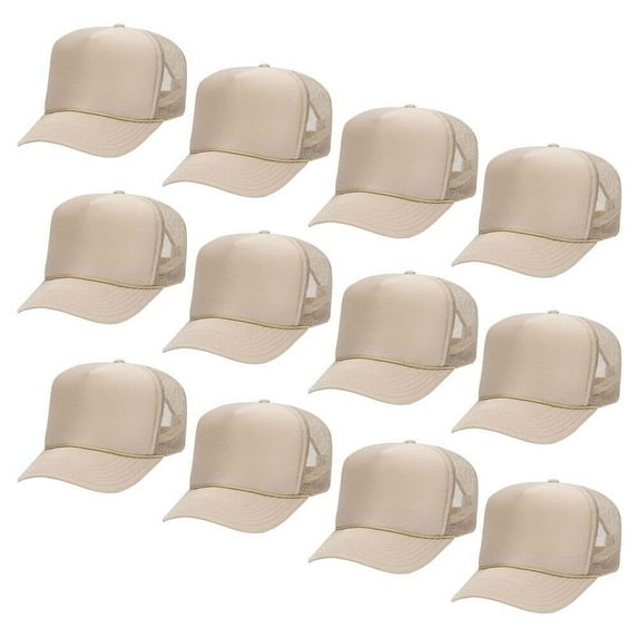 Couver 5 Panel High Crown Mesh Back Trucker Hat, Polyester Foam Front, Khaki, 12PCS Bulk Set Pack