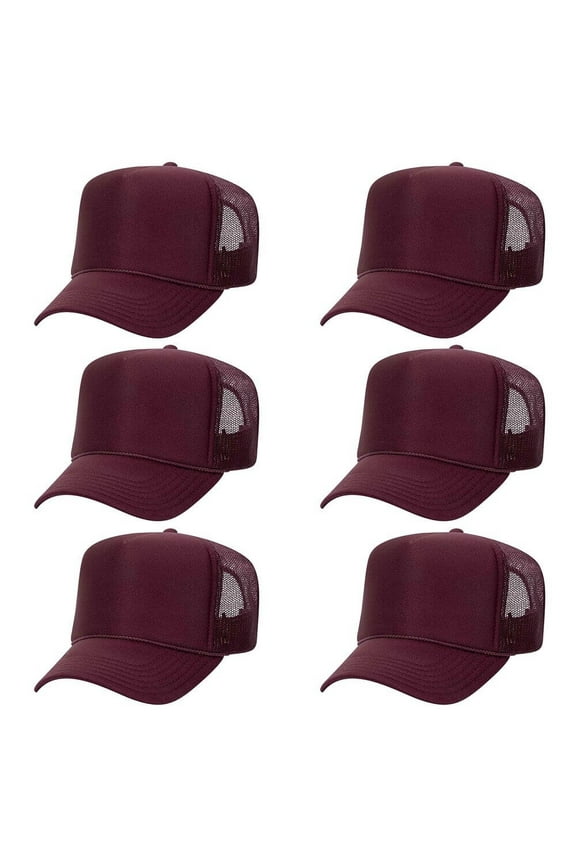OTTO CAP 5 Panel High Crown Mesh Back Trucker Hat, Polyester Foam Front, Maroon, 6PCS Set Pack