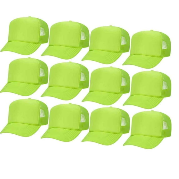Couver 5 Panel High Crown Mesh Back Trucker Hat, Polyester Foam Front, Neon Green, 12PCS Bulk Set Pack