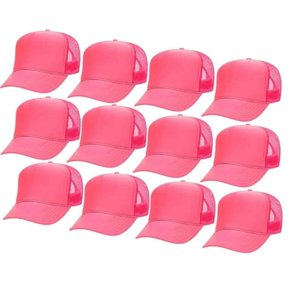Couver 5 Panel High Crown Mesh Back Trucker Hat, Polyester Foam Front, Neon Pink, 12PCS Bulk Set Pack