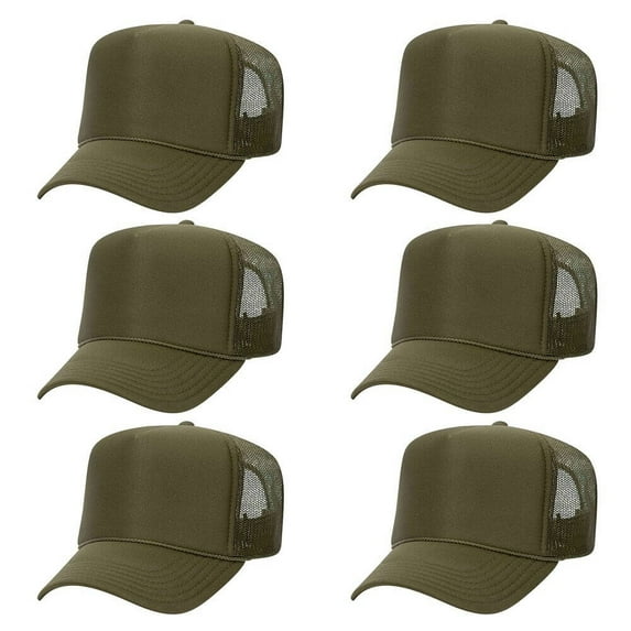OTTO CAP 5 Panel High Crown Mesh Back Trucker Hat, Polyester Foam Front, Olive Green, 6PCS Set Pack