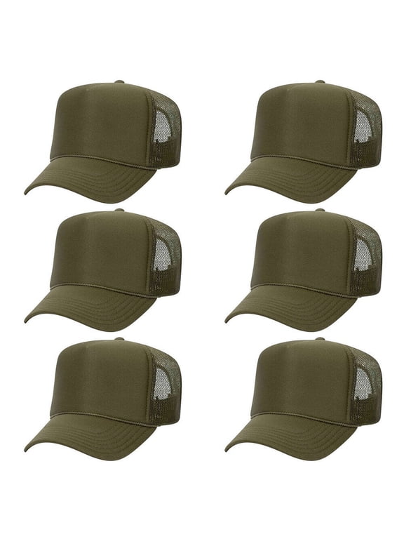 OTTO CAP 5 Panel High Crown Mesh Back Trucker Hat, Polyester Foam Front, Olive Green, 6PCS Set Pack