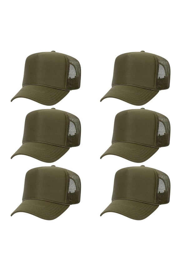 OTTO CAP 5 Panel High Crown Mesh Back Trucker Hat, Polyester Foam Front, Olive Green, 6PCS Set Pack