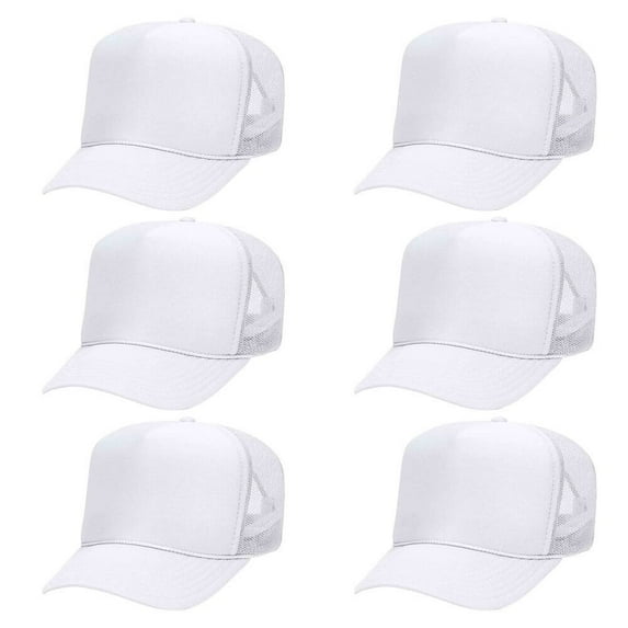 OTTO CAP 5 Panel High Crown Mesh Back Trucker Hat, Polyester Foam Front, White, 6PCS Set Pack